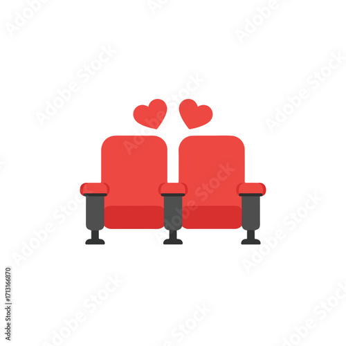 Two red theater seats with hearts above them, a romantic design suitable for valentines day promotions or lovethemed concepts.
