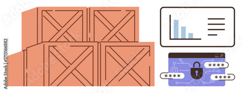 Wooden crates stacked in a warehouse, alongside analytical chart and secure digital system with password protection. Ideal for logistics, supply chain, data security, technology, storage, analytics