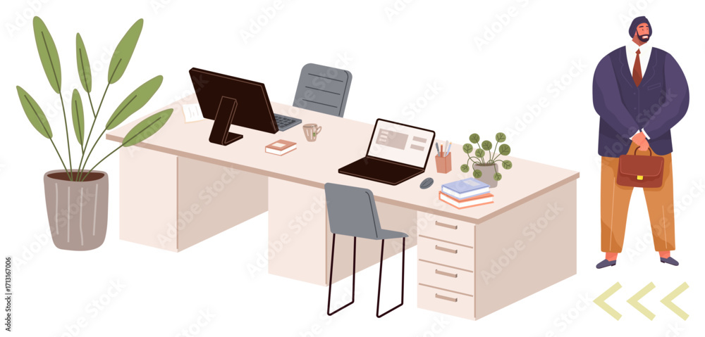 Fototapeta premium Office desks with laptops, plants, coffee cups, and stationary professional holding briefcase. Ideal for workplace, teamwork, career, productivity, professionalism entrepreneurship simple flat