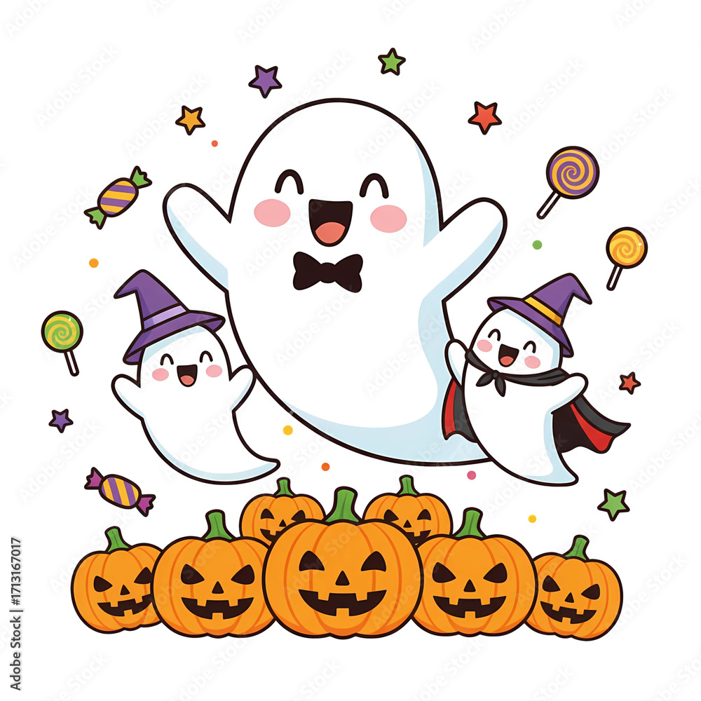 Fototapeta premium Happy Ghosts Celebrating Halloween with Pumpkins and Candy – Cute Vector Set