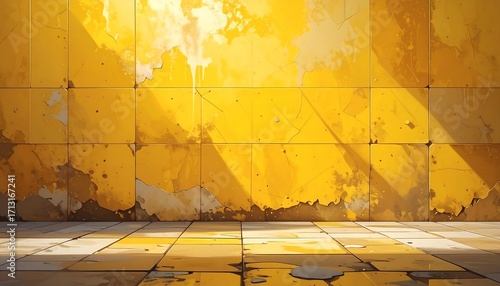 A sun-drenched interior space, featuring a weathered yellow tiled wall and floor.