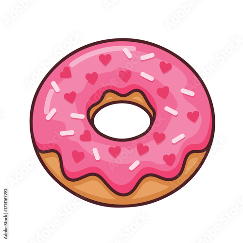 Doughnut with pink frosting and heart decorations, perfect for valentines day designs, bakery menus, or foodrelated content.