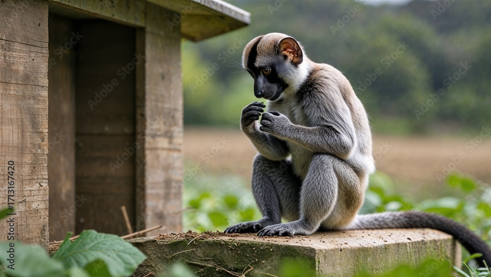 Obraz premium Cotton-top tamarin grooming near elevated shelter beside field edge