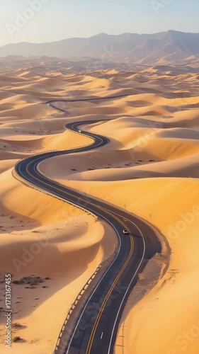 Aerial above long desert highway disappearing into horizon