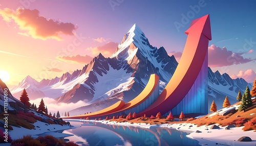 A picturesque mountain landscape showcases vibrant upward trends, painted in warm hues of orange and red, symbolizing growth and progress.