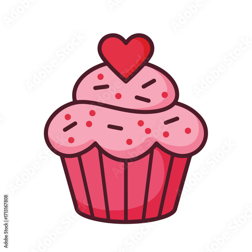 Cupcake with pink frosting and a red heart to convey love and sweetness in celebratory designs and valentines day themes. Great for cards, social media posts, and bakingrelated content.