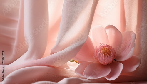Soft Pink Bloom Framed By Delicate Curtain Folds In Gentle Light