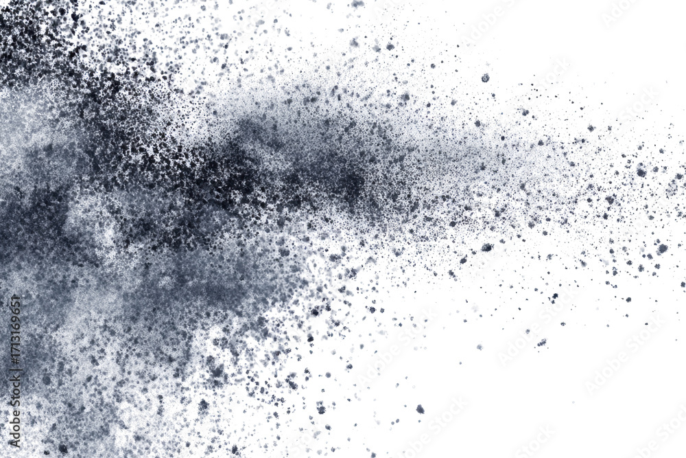 Fototapeta premium A dynamic explosion of fine black and grey dust particles spreading across a stark white background.