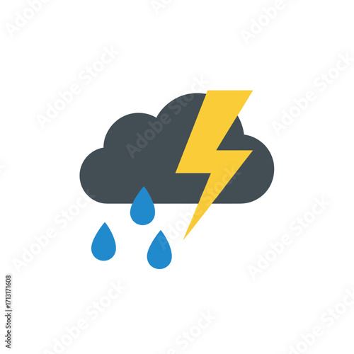 A dark storm cloud with a yellow lightning bolt and three blue raindrops falling from it, symbolizing a thunderstorm.
