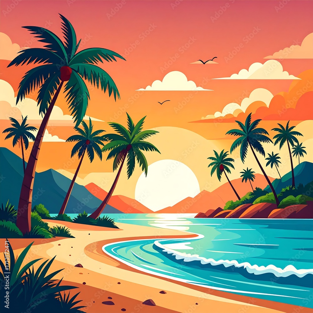 Obraz premium Tropical sunset beach scene with palm trees