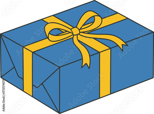 Gift Box with Ribbon: A visually appealing gift box, beautifully wrapped in a sleek blue paper and accentuated with a golden ribbon, elegantly poised to bring joy and anticipation.