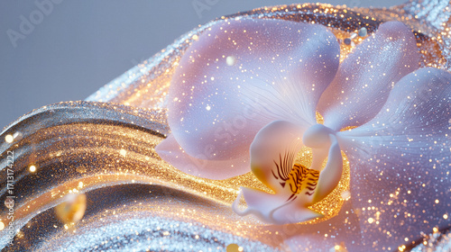 Orchid dissolving into flowing shapes and light particles, abstract floral design with soft gradients
