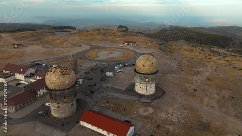 Drone Panoramic View of Torre Summit with Old Radar Domes, Serra da Estrela, Portugal