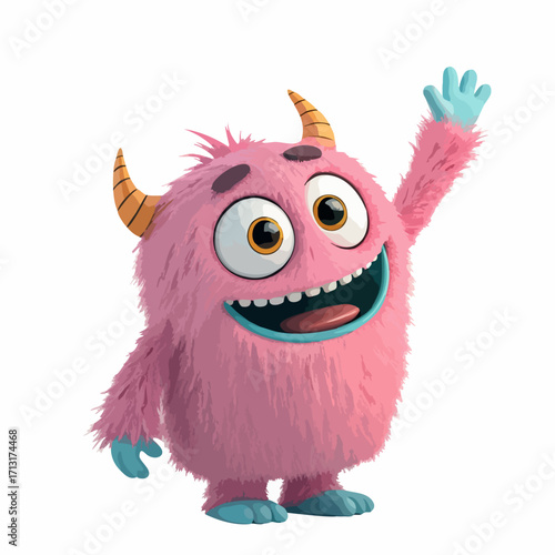 Adorable Pink Furry Monster Character Waving Hello