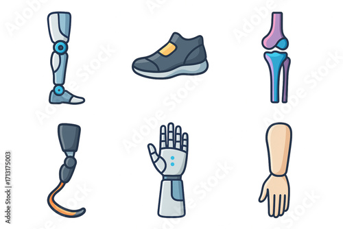 Colorful prosthetic and medical technology icons in futuristic clean style