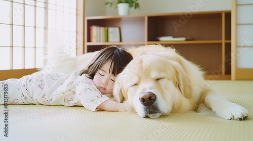 Child sleeping with golden retriever in traditional Japanese room
