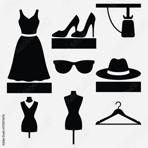 Silhouette Fashion Icons Dress, Shoes, Sunglasses, Hat, Mannequin, and Hanger - for clothing store and fashion design