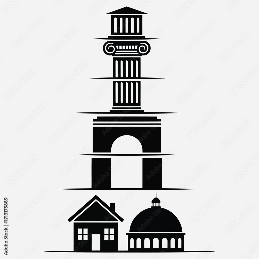 Obraz premium Iconic architectural elements a classical column, archway, house, and dome symbolize historical and modern building designs