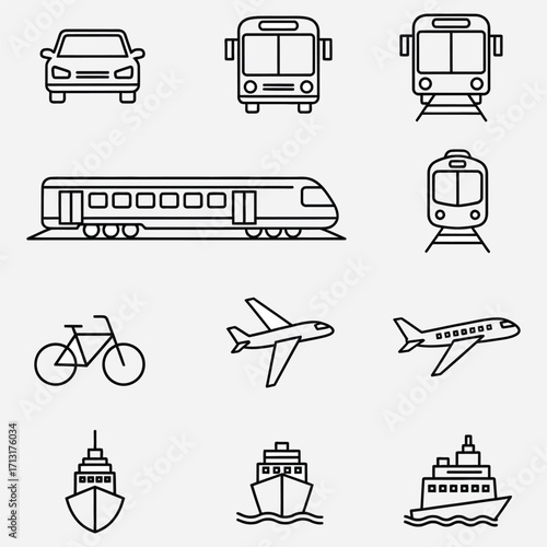 Transportation Icons Cars, Trains, Planes, Ships & Bikes