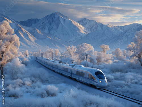 Tren futurista en paisaje nevado surreal