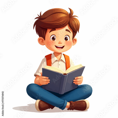Smiling child enjoying a book, reading happily, perfect for education, learning, and kids content