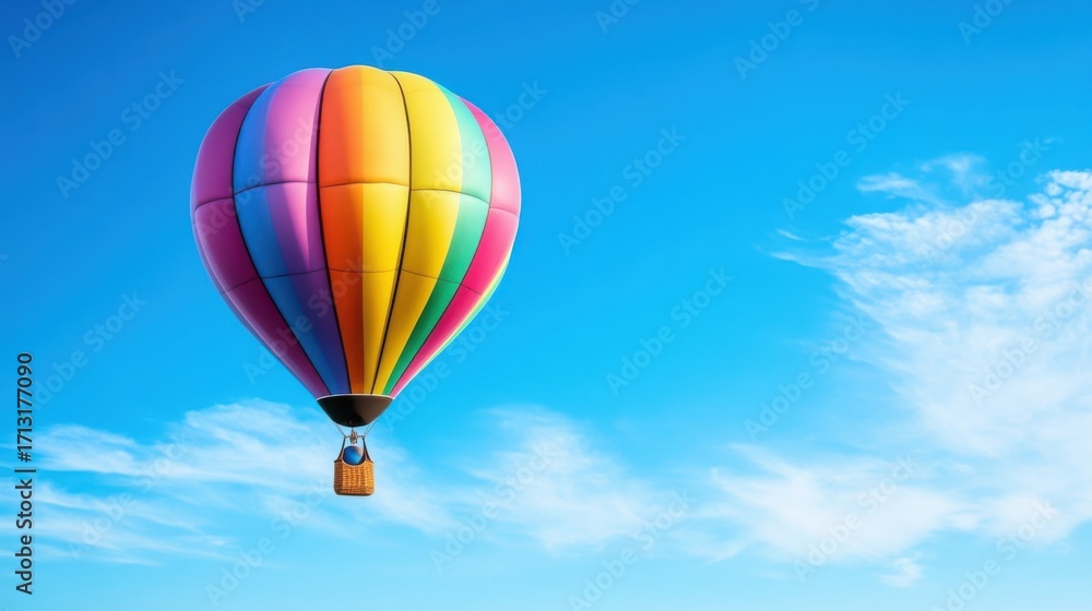 Fototapeta premium Colorful Hot Air Balloon Soaring Above a Bright Blue Sky with Clouds