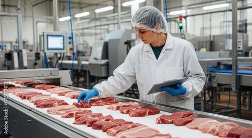 Food processing worker in a white coat and hairnet inspecting raw meat cuts on a conveyor belt in a modern factory setting