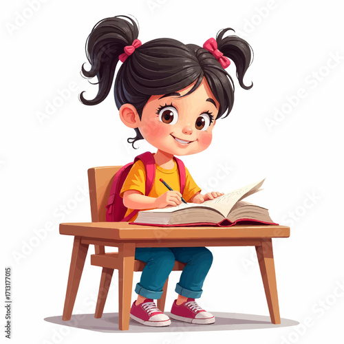 Happy schoolgirl writing in a notebook at her desk, ready for learning and education