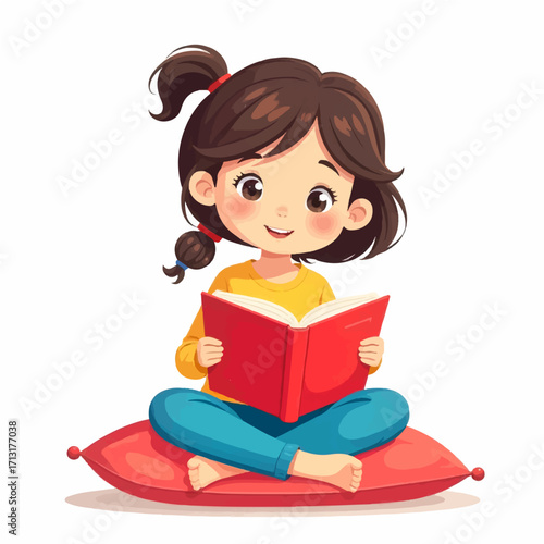 Young girl reading book, enjoying peaceful moment, perfect for education and children's themes