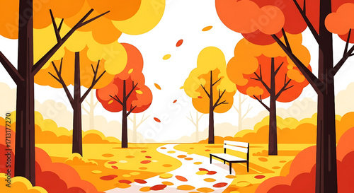 Autumn Park Scene with Trees, Path, Bench, and Falling Leaves - Fall Season Illustration