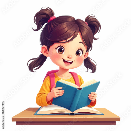 Happy young girl reading a book, smiling with joy while wearing a backpack at school desk