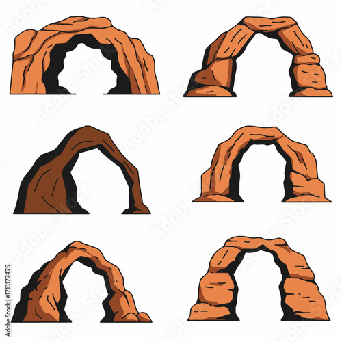 Set of Six Cartoon Natural Rock Arches and Cave Entrances Isolated on White Background