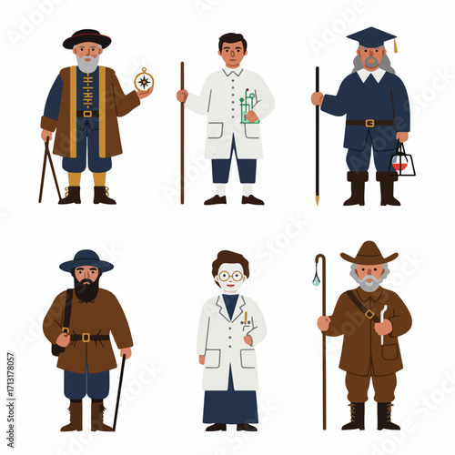 Diverse Historical Figures: Scientists, Explorers, and Scholars Representing Knowledge and Discovery Through Different Eras.