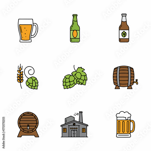 Beer and Brewing Icons: Mugs, Bottles, Hops, Barrels, and Brewery Building in Flat Design Style.