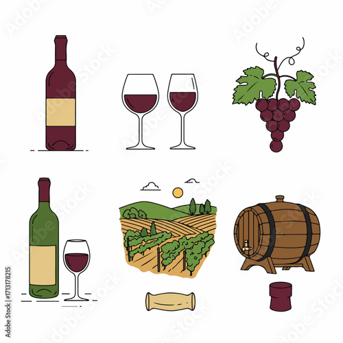 Collection of Wine-Themed Icons: Bottles, Glasses, Grapes, Vineyard, Barrel, and Corks Representing Production, Enjoyment, and Beverage Culture.