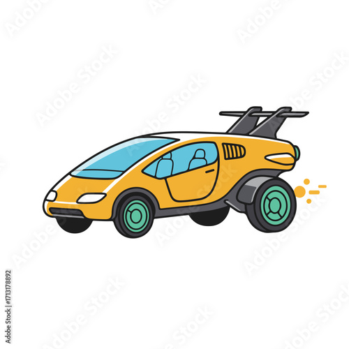 Futuristic yellow car with wings and green wheels suitable for automotive, technology, transportation, scifi concepts in design projects.