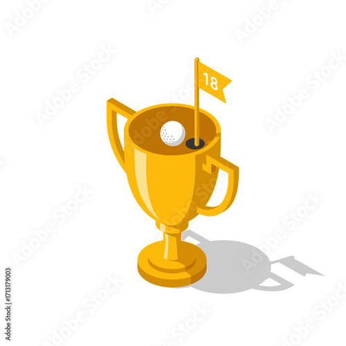 An isometric illustration of a golden trophy cup containing a golf ball and the 18th hole flag.