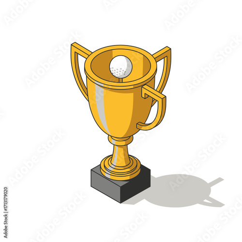 A golden trophy with a golf ball inside, casting a shadow on a white background.