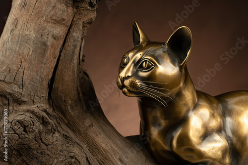 Bronze cat statue in sculptural style, gold colors, decorative art