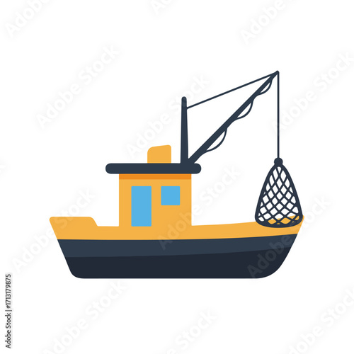 Fishing boat illustration perfect for childrens books, websites, and educational materials. Vibrant colors and playful design catch attention.