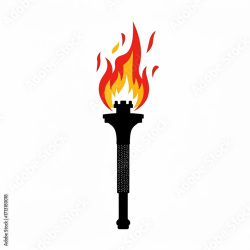 Illustration of a stylized black torch with a bright red and yellow flame on a white background created with generative ai