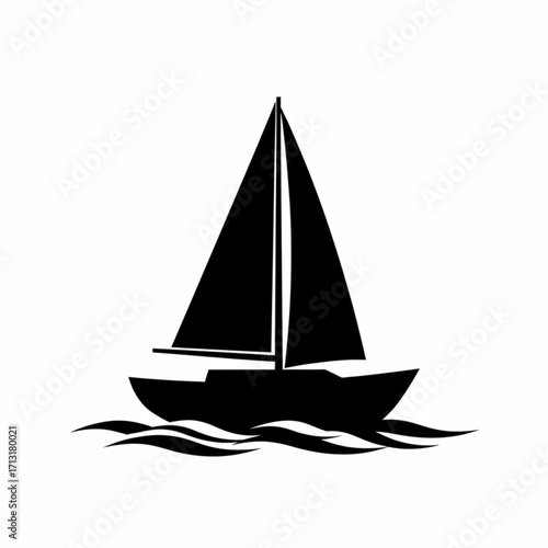A black silhouette of a sailboat with a tall mast sailing on wavy water against a white background view created with generative ai