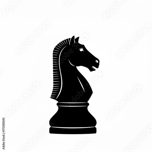 Illustration of a black chess knight piece with detailed mane and base on a white background design created with generative ai