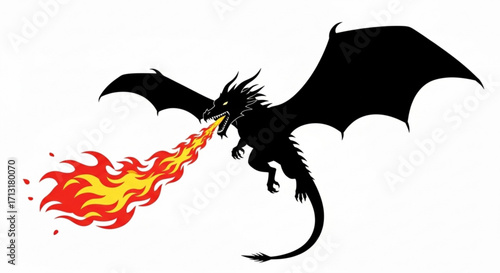 Silhouette of a dragon with large wings exhaling a stream of fire in a dynamic and fierce pose image created with generative ai