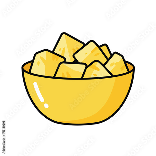 Yellow pineapple in a bowl, a tasty and vibrant tropical snack. Perfect for food blogs, menus, and summerthemed designs.