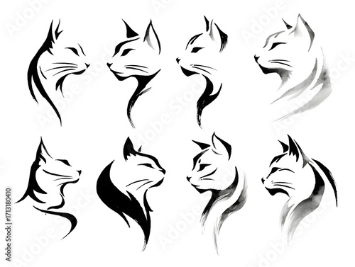 Artistic cat illustrations in black and white show feline profiles rendered in elegant brushstroke designs.
