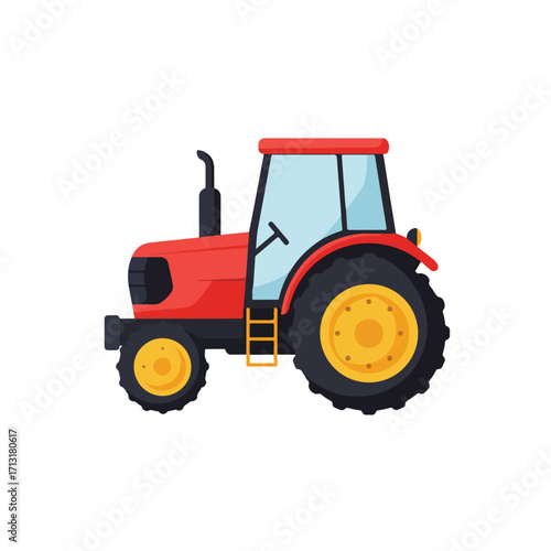 Red tractor with yellow wheels on a white background is great for farm and agriculturerelated designs, childrens books, and toy packaging.