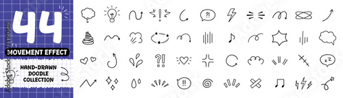 Comic expression sign and movement effect doodle set. Japanese decorative lines, shock, character emotion. Anime and manga symbols in sketch style. Hand drawn illustration isolated on white background