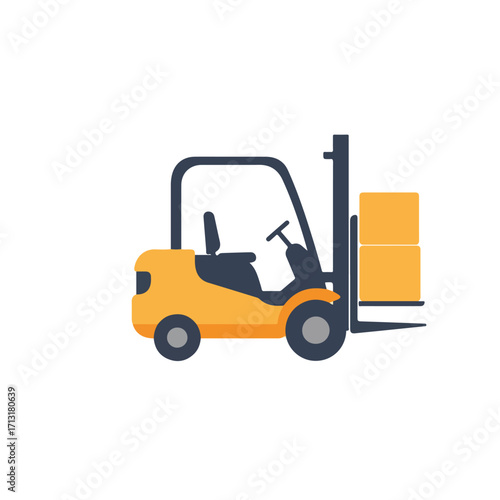 Yellow forklift carrying two boxes suited for logistics, transportation, warehouse, industrial themes in construction, manufacturing, and storage settings.