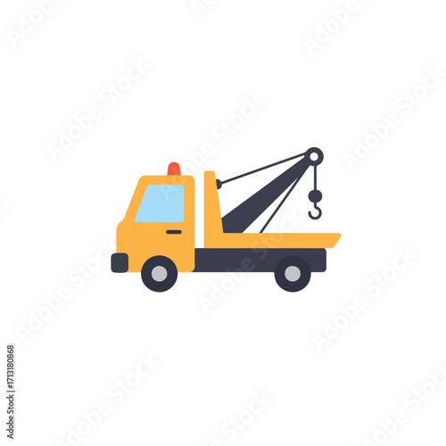 Yellow tow truck with a black crane arm ideal for transportation  automotive concepts, roadside assistance, emergency services, and construction projects.